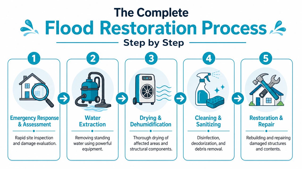 A five-step infographic showing the professional flood restoration process for residential and commercial water damaged properties.