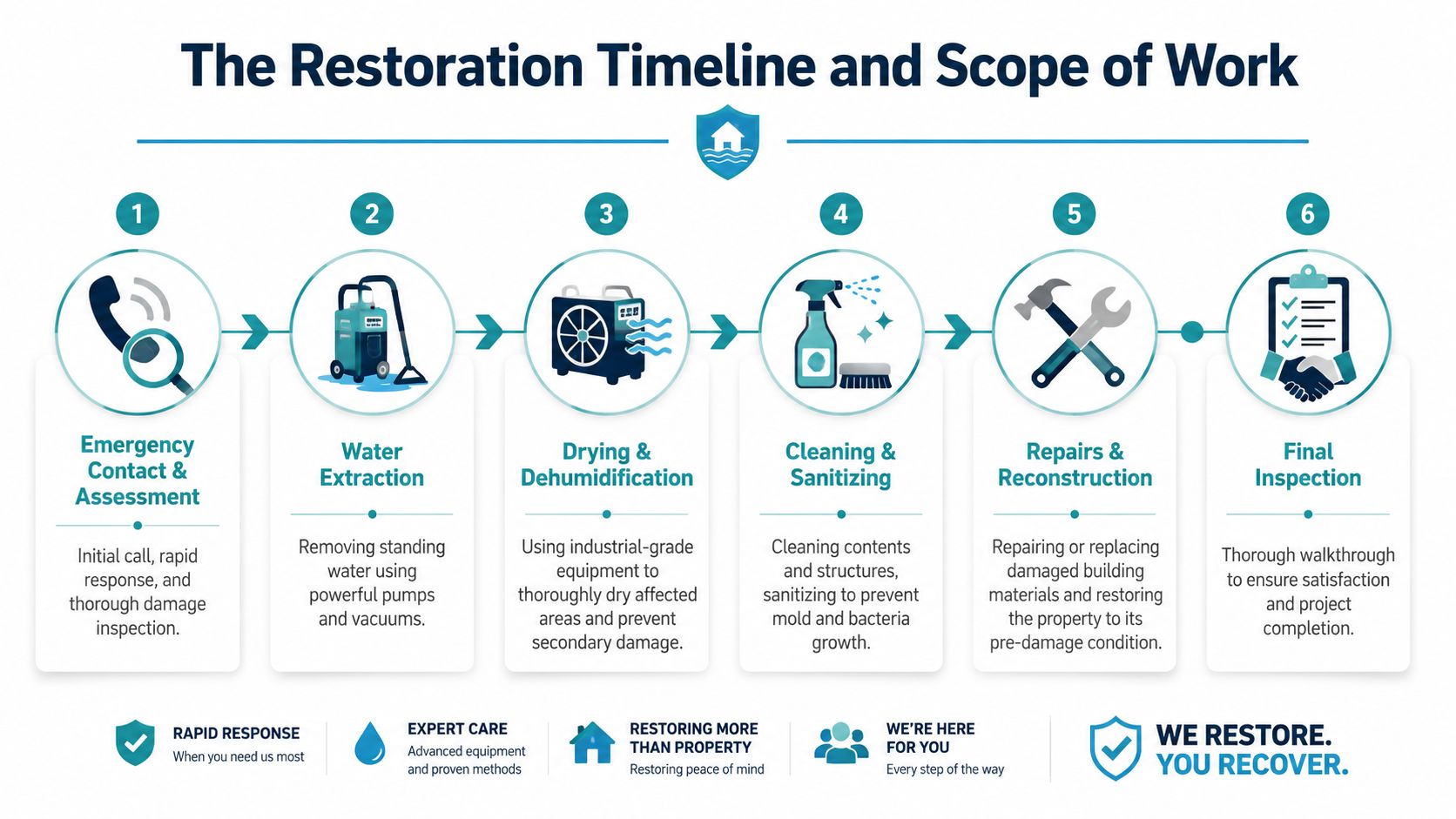 A six-step infographic illustrating the restoration process for property water damage from initial assessment to final inspection.