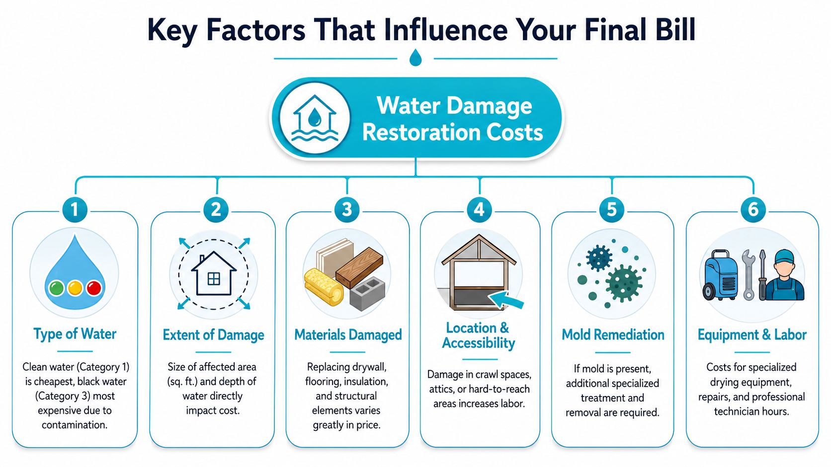 An infographic showing the six key factors influencing water damage restoration costs, including water type and equipment.