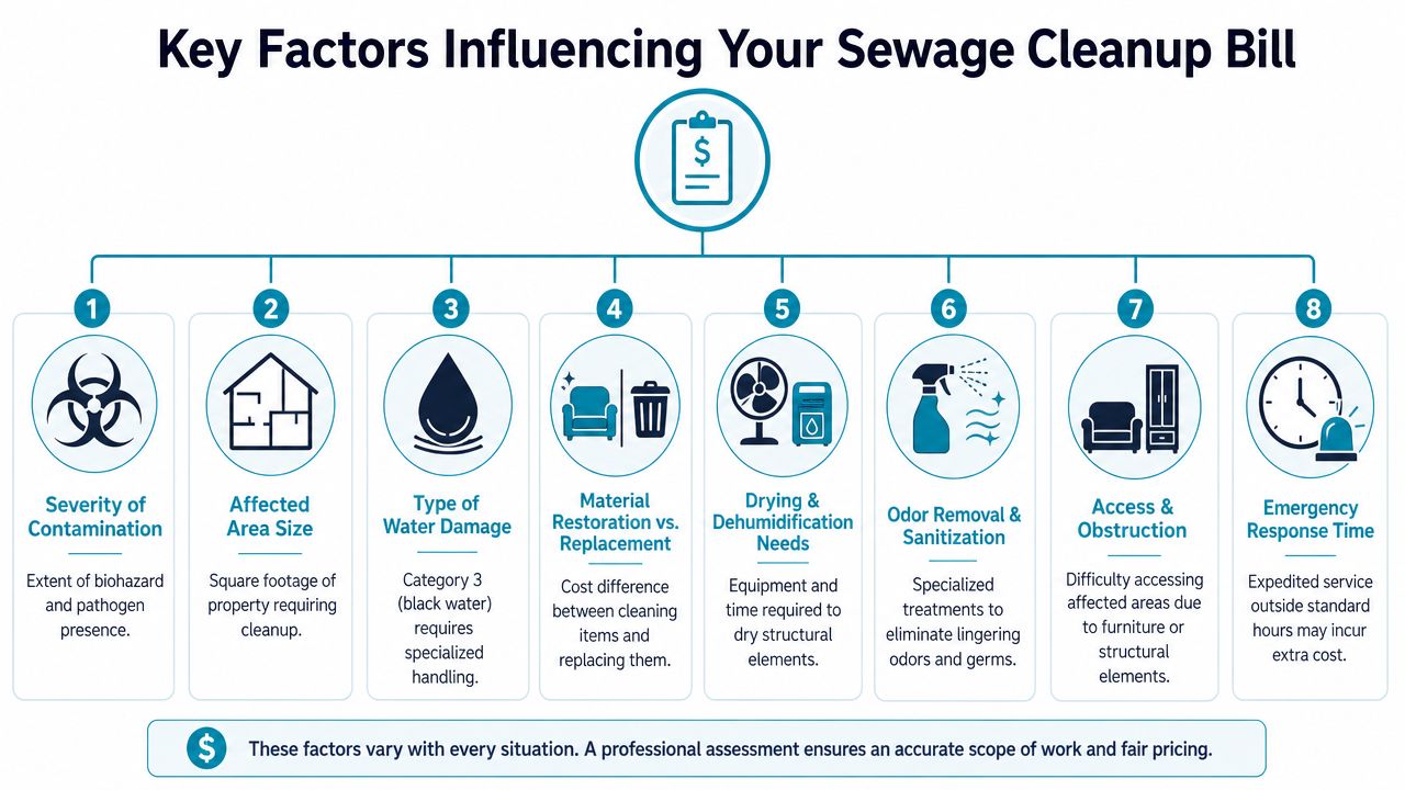 An infographic detailing eight key factors that influence the total cost of sewage backup cleanup services.