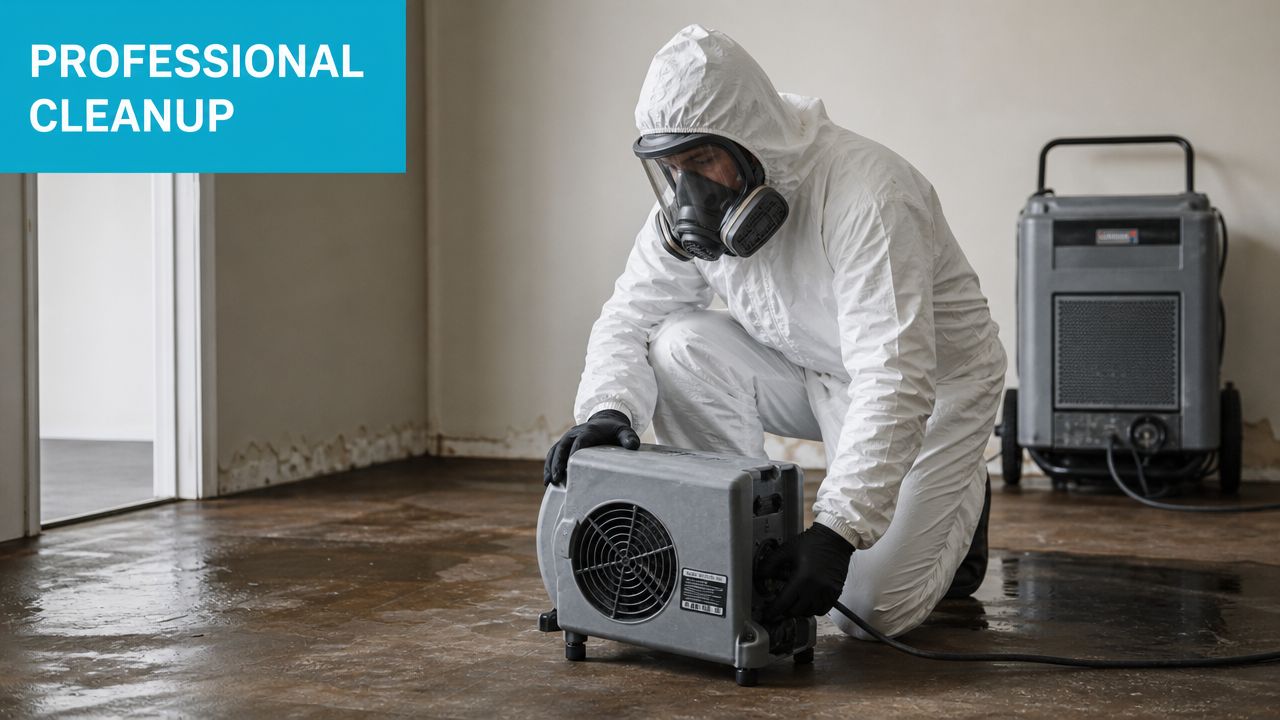A professional in protective gear uses equipment to perform a sewage backup cleanup in a damaged home.