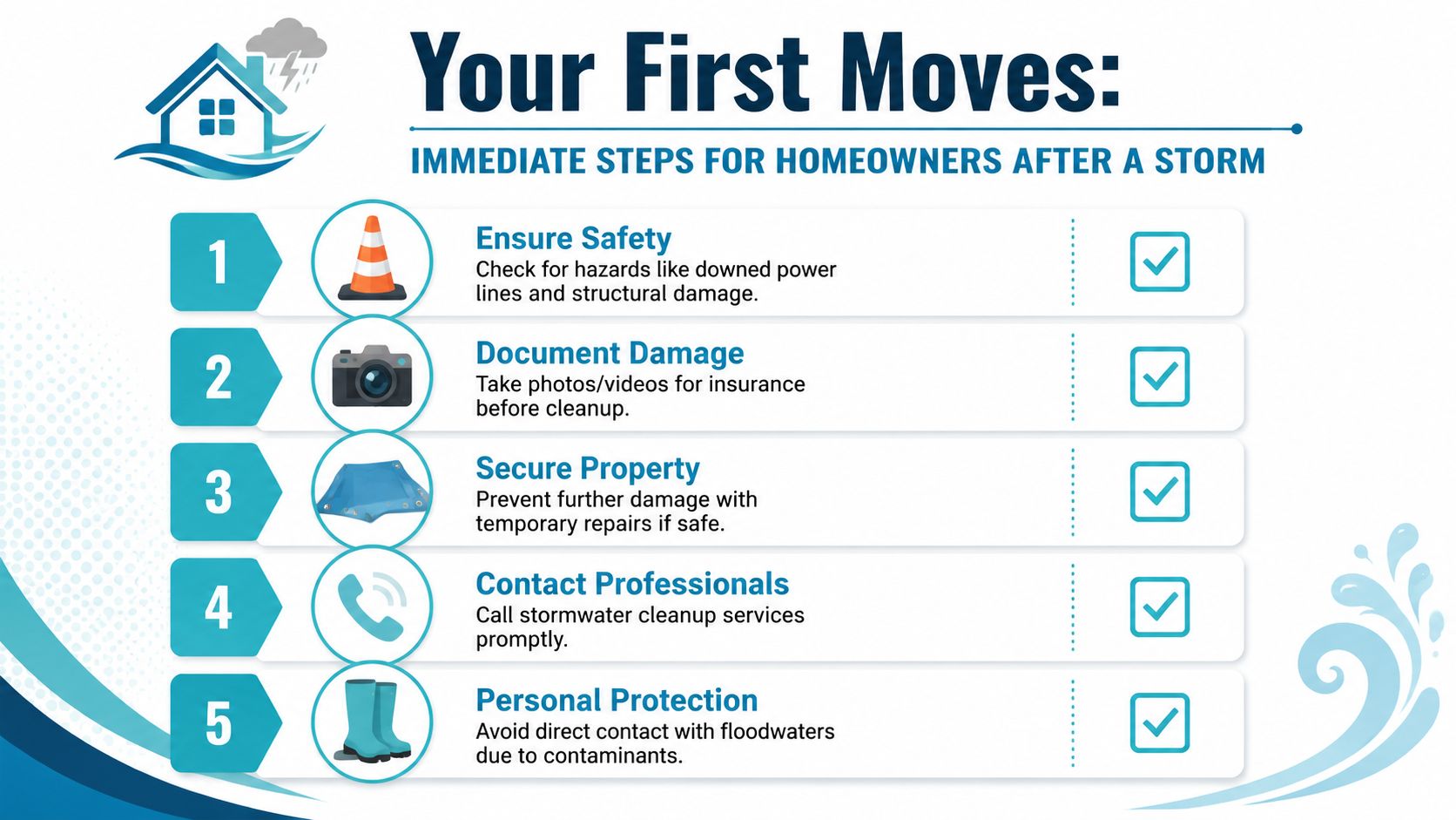 An infographic detailing five immediate steps for homeowners to take after experiencing storm and flood damage.
