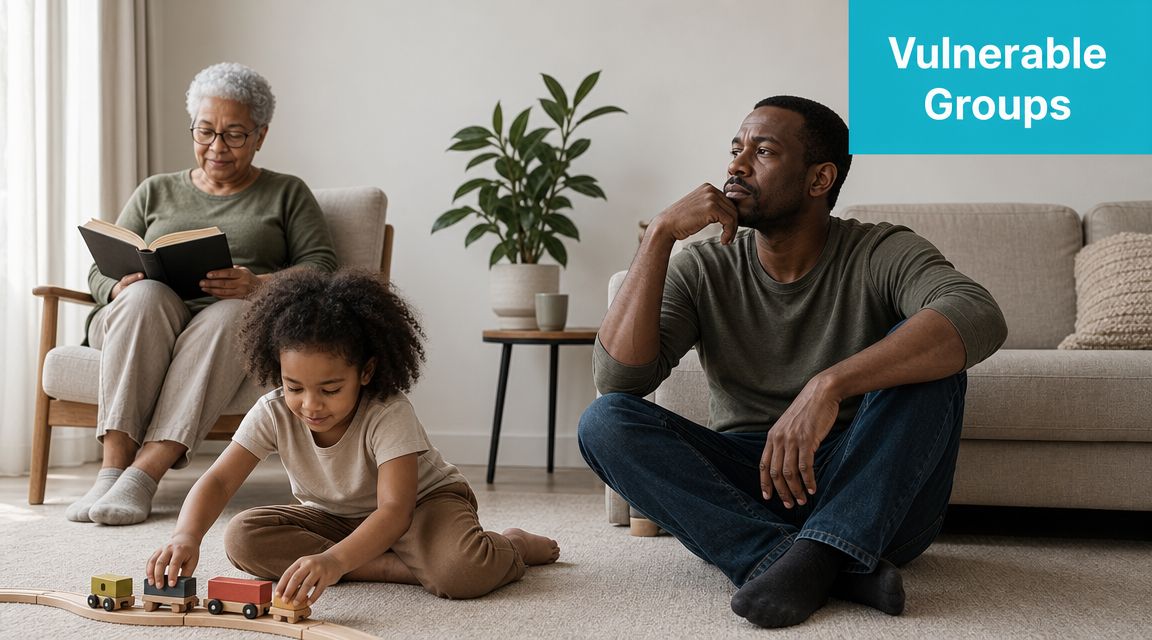 A diverse family of three sitting in a living room, with a young child playing with toys.