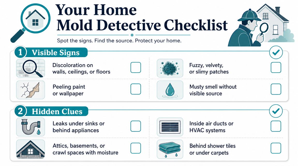 A home mold detector checklist graphic illustrating visual signs and hidden clues of mold infestation in houses.
