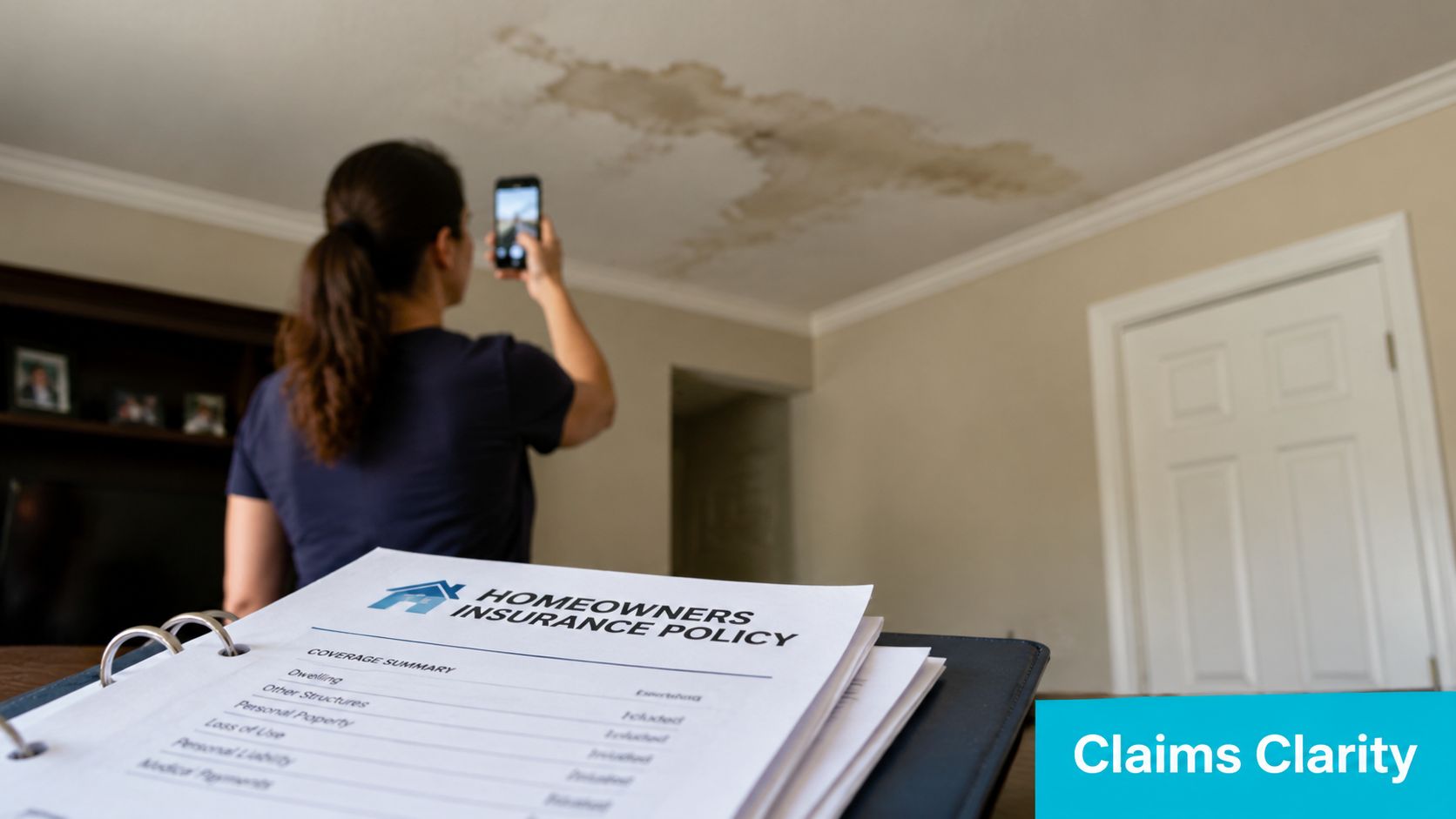 A woman photographs water damage on a ceiling while holding a homeowners insurance policy document.