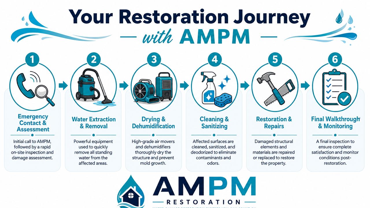 A six-step infographic detailing the AMPM water damage restoration process for residential and commercial properties.