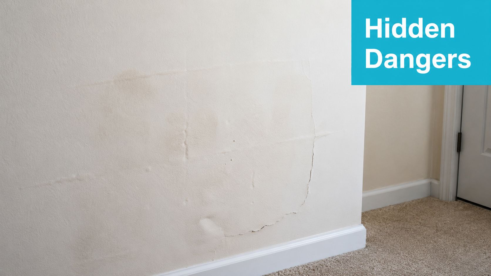 A section of an interior wall showing signs of water damage, bubbling paint, and structural cracking.