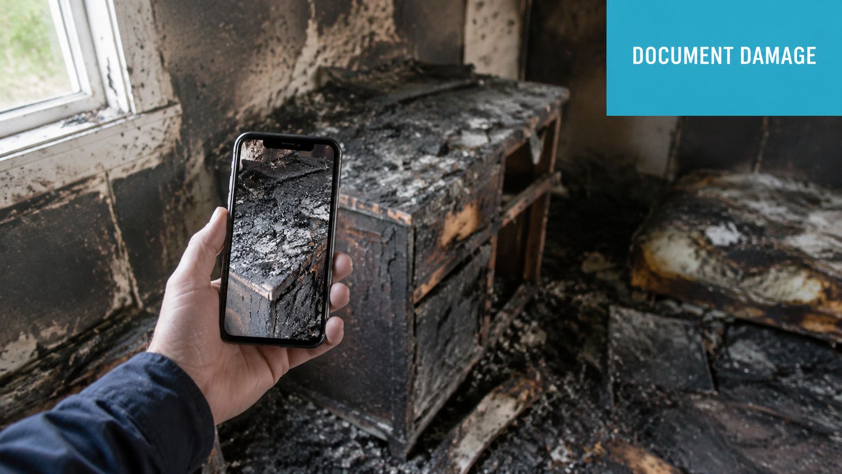 A person holding a smartphone to document severe fire damage in a charred, destroyed room.