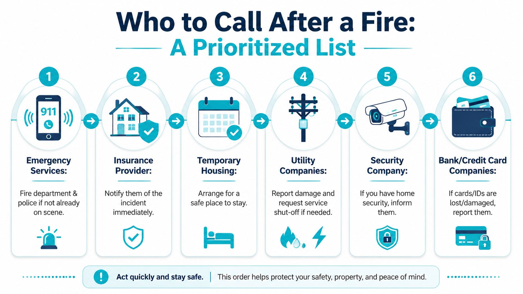 A prioritized, six-step infographic detailing who to contact immediately after experiencing a fire at home.