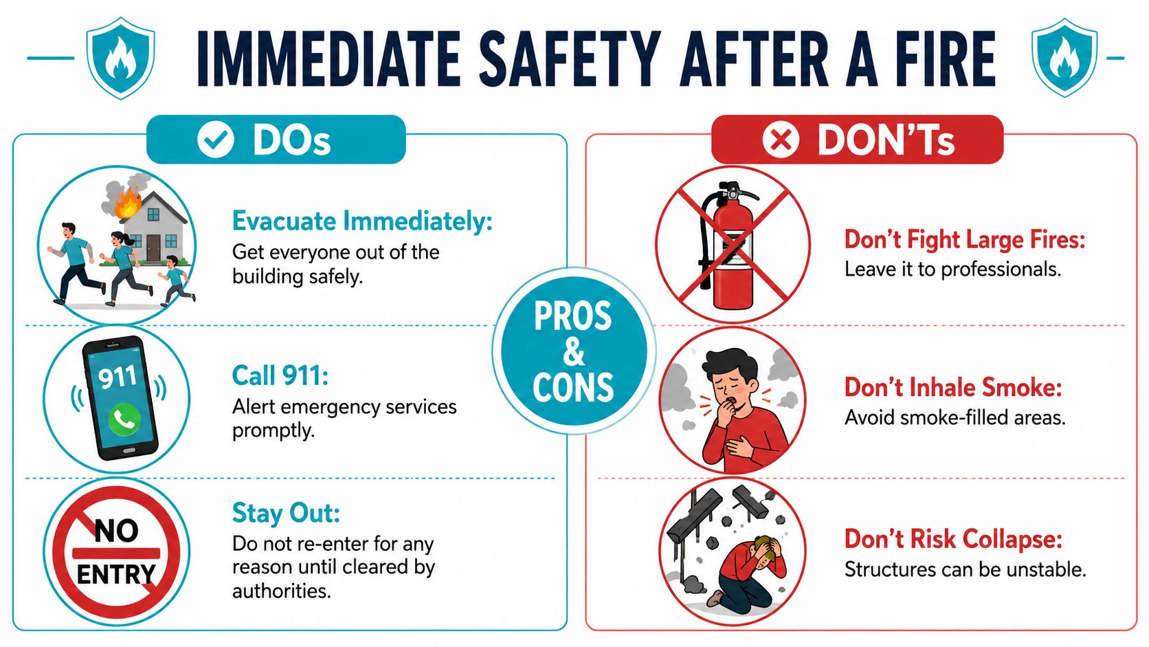 An infographic showing immediate safety steps to take and avoid after a building fire occurs.