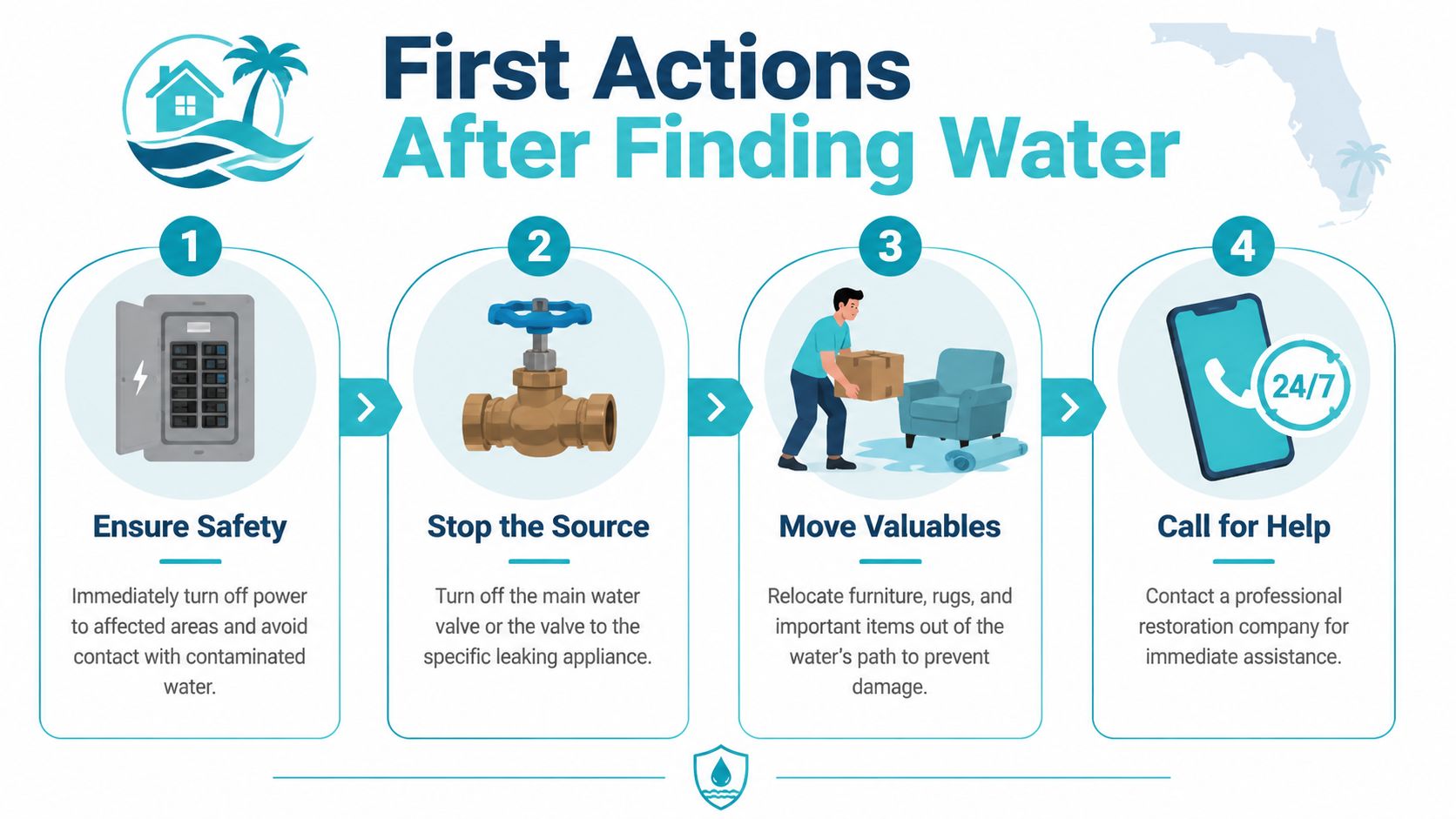 A step-by-step infographic showing actions to take after discovering water damage in a Florida home.