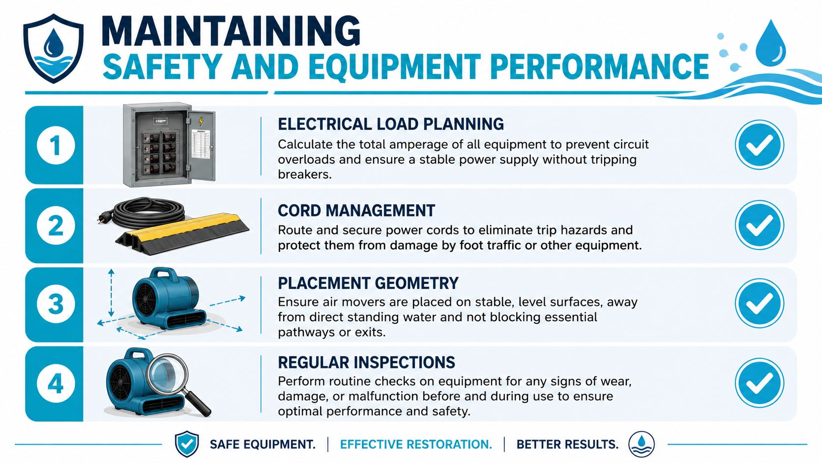 An infographic detailing four safety tips for maintaining equipment during water damage restoration and drying projects.