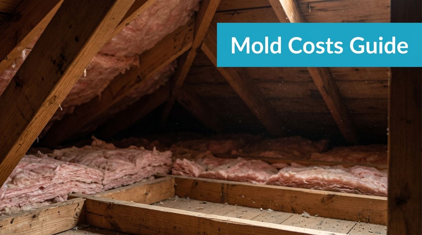 A view inside a dusty wooden attic featuring pink fiberglass insulation between the floor joists and rafters.