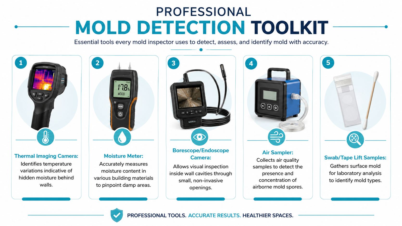A professional mold detection toolkit infographic illustrating five essential tools for assessing and identifying indoor mold growth.