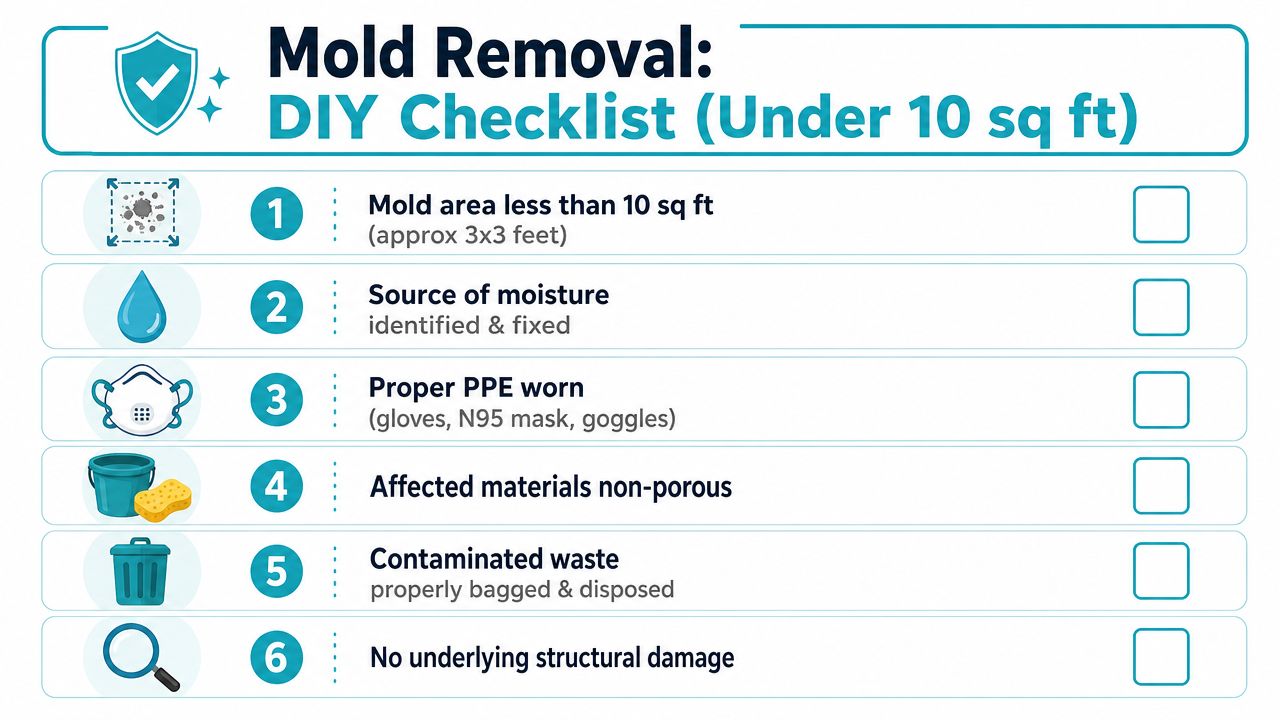 A DIY checklist for mold removal covering requirements like moisture sources, PPE, and non-porous materials.