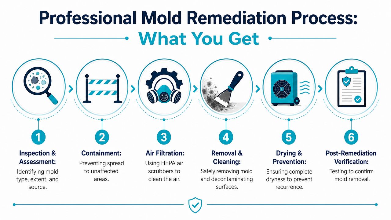 A professional mold remediation process infographic displaying six steps from inspection to final verification of removal.