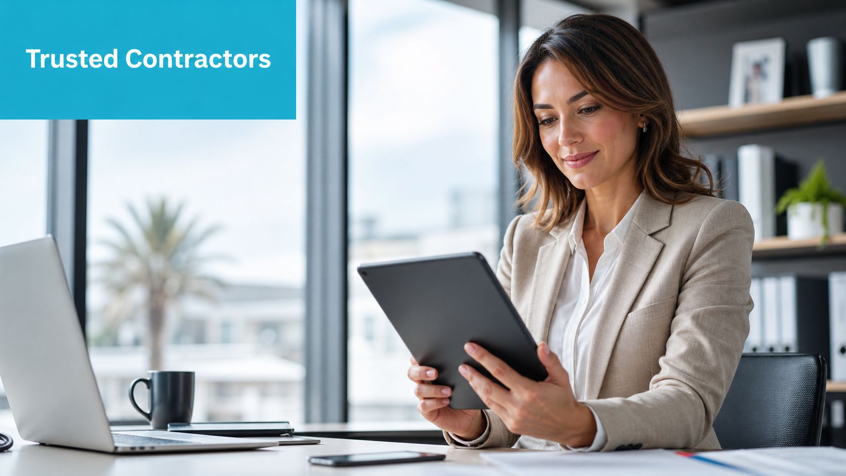 A professional woman in a beige blazer using a tablet in a bright, modern office setting.