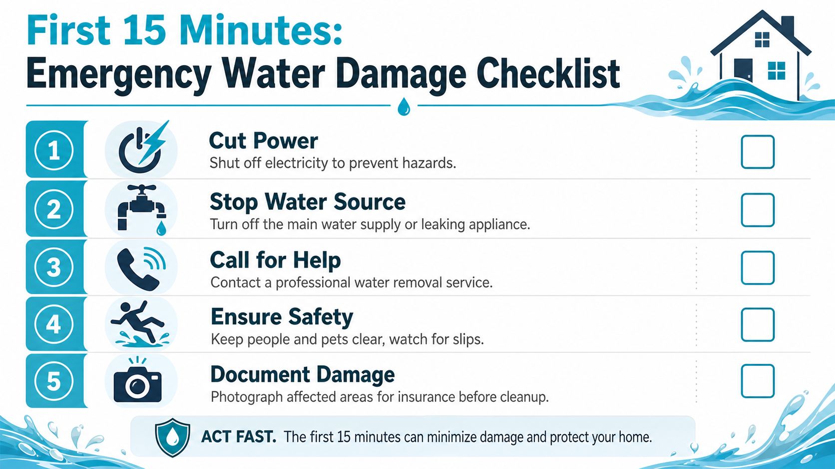 An infographic checklist for homeowners detailing the five essential steps to take during water damage emergencies.