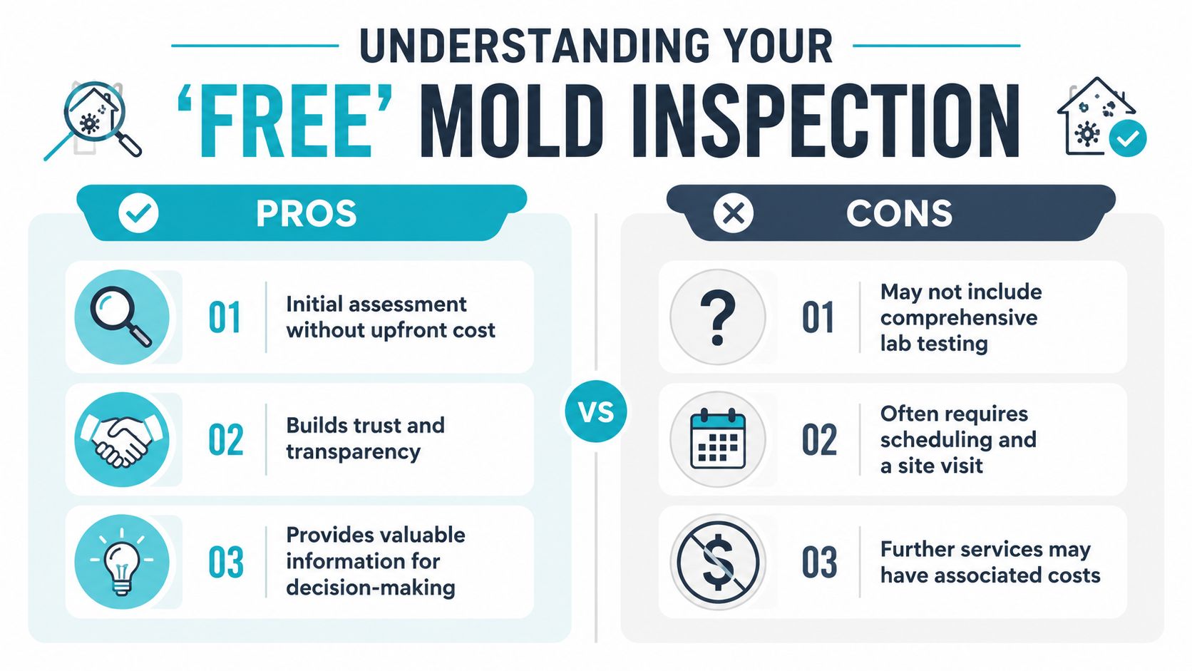 An infographic comparing the pros and cons of obtaining a free mold inspection for a property.