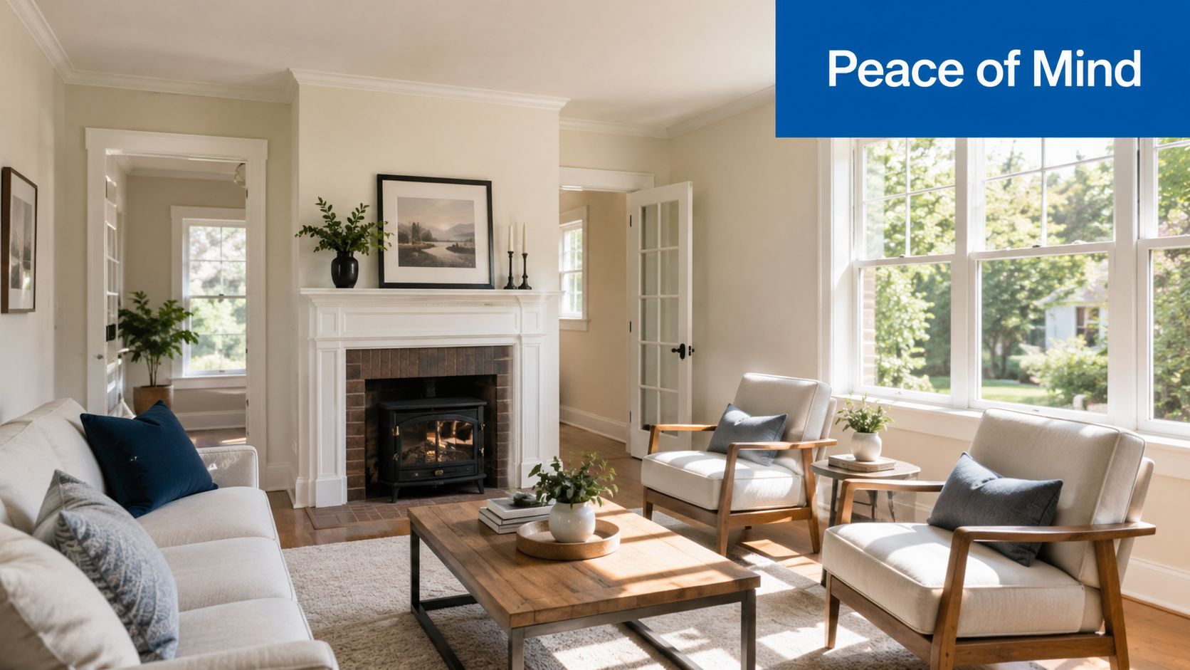 A cozy, sunlit living room featuring a fireplace, comfortable seating, and large windows with garden views.