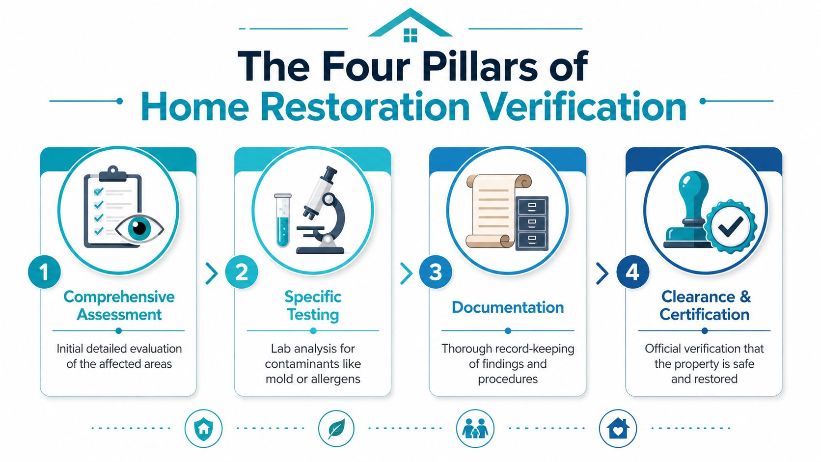 A diagram outlining the four pillars of home restoration verification including assessment, testing, documentation, and final certification.