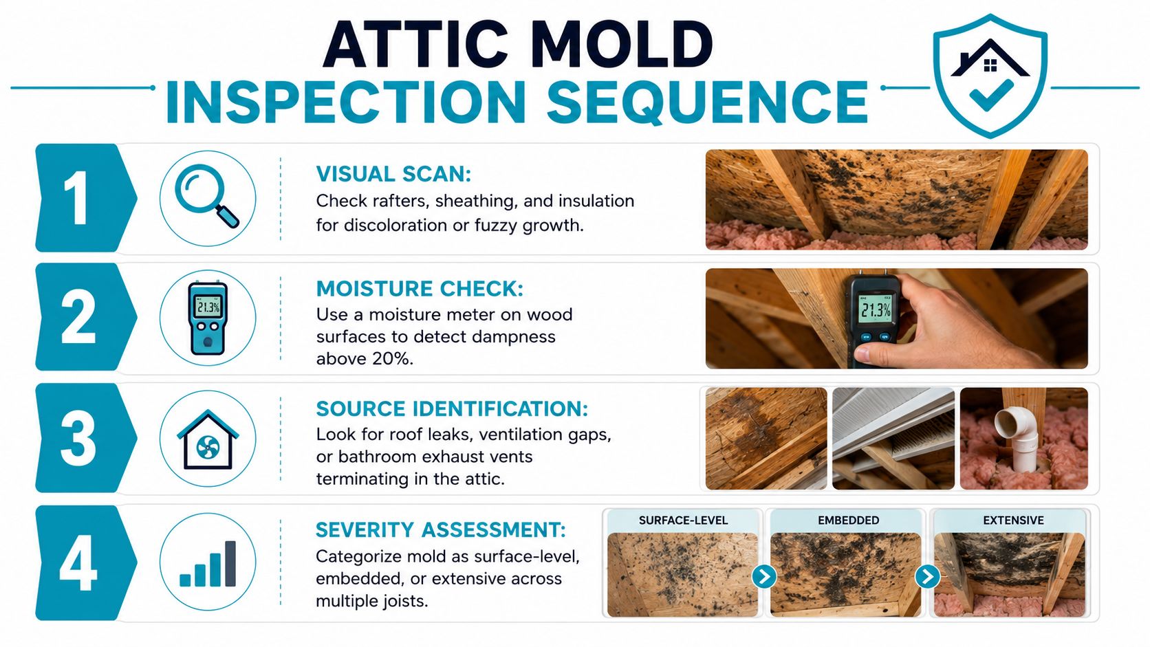 An infographic detailing the four-step sequence for conducting a professional attic mold inspection and assessment.
