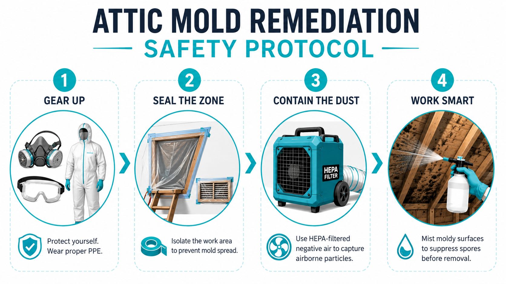 A four-step safety infographic demonstrating proper attic mold remediation protocols including PPE, containment, and dust suppression.