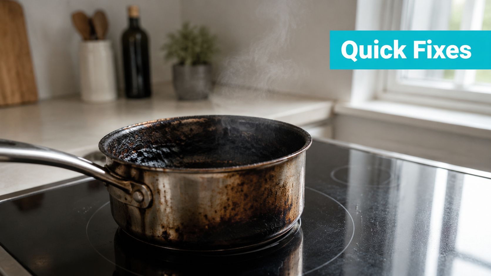 A dirty, smoking metal pot sits on a black induction cooktop in a bright kitchen setting.