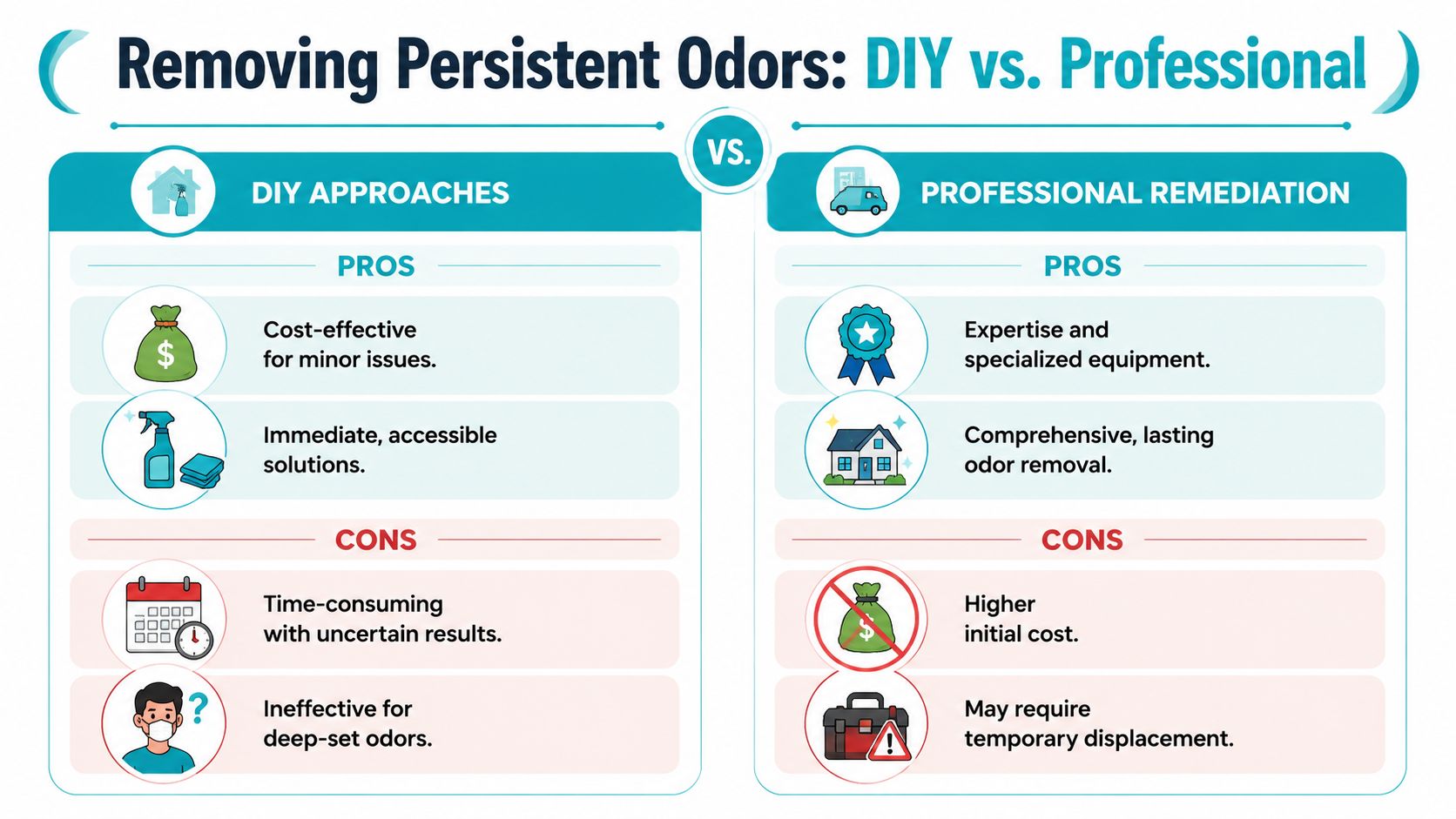 A comparison chart showing the pros and cons of DIY odor removal versus professional remediation services.