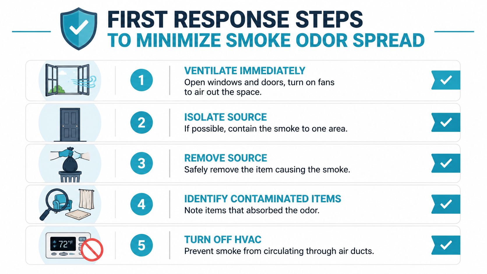 A five-step infographic guide on how to minimize and remove smoke odors from a property.