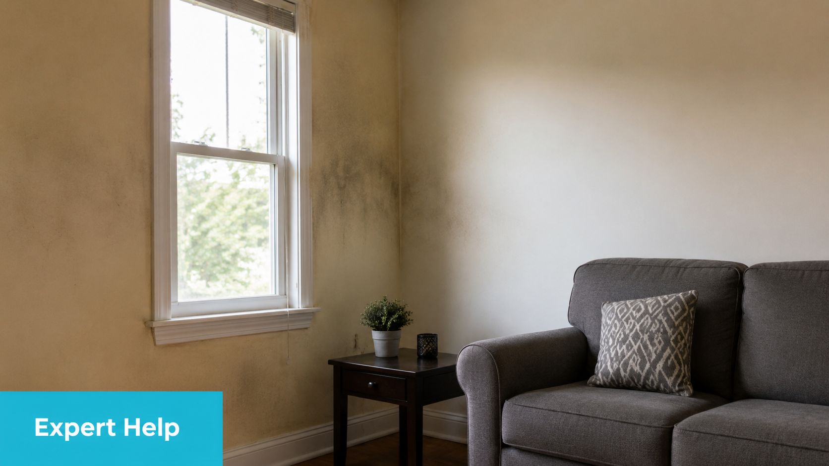 A living room corner with a window and dark soot or smoke stains on the yellow wall.