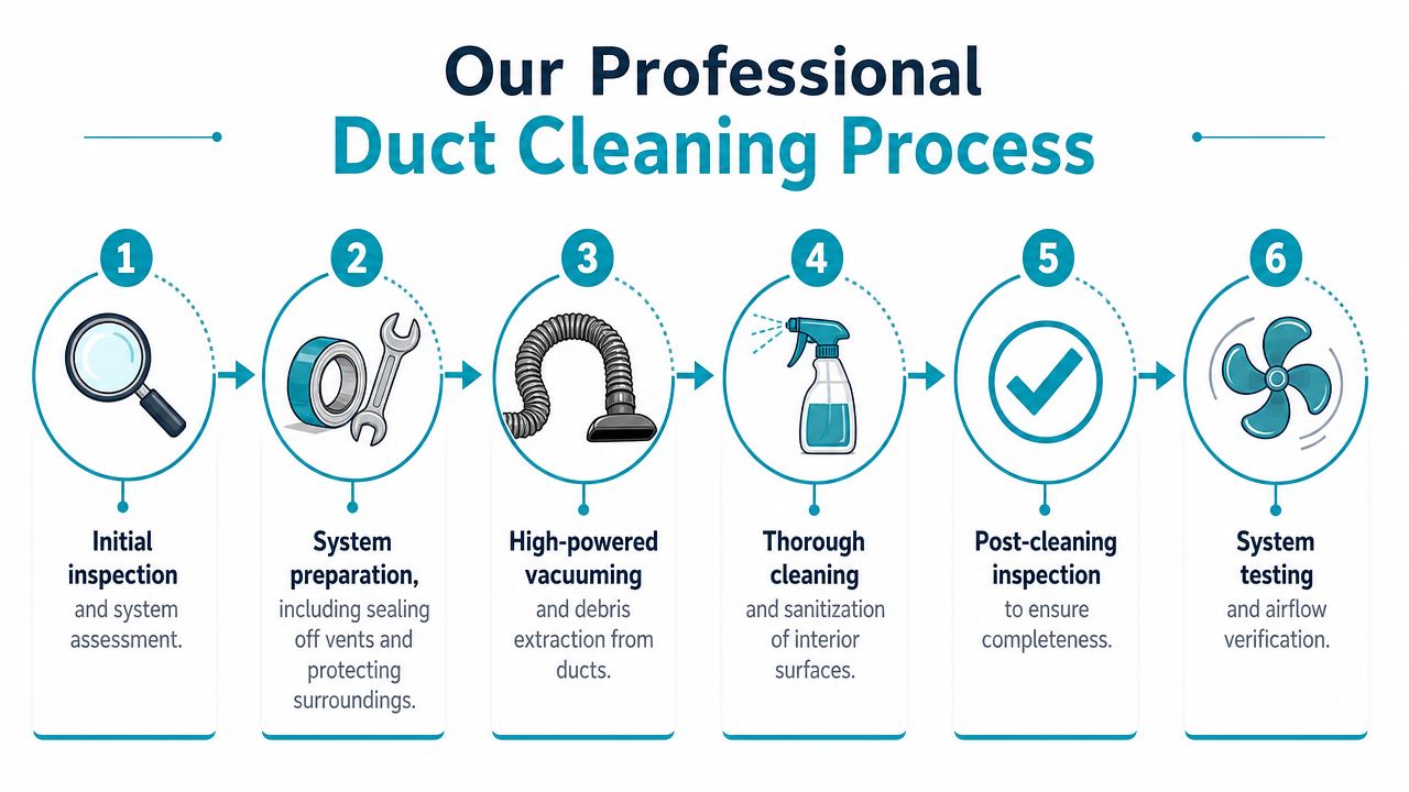 An infographic illustrating the six-step professional HVAC duct cleaning process, from inspection to final system testing.