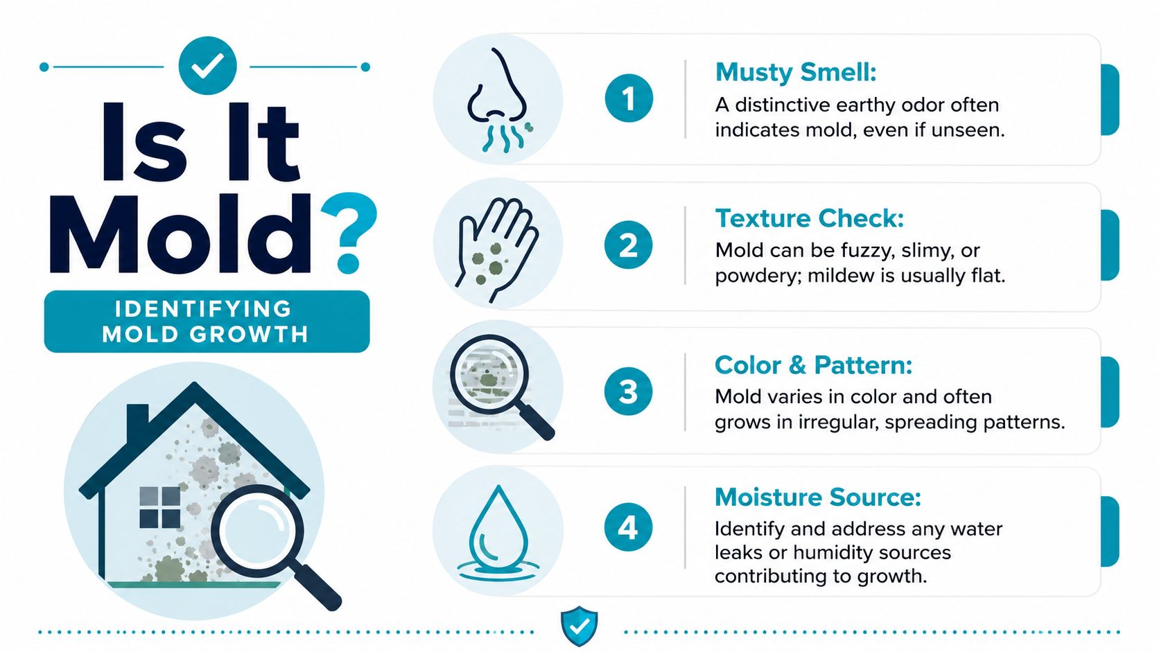 An infographic titled Is It Mold, explaining how to identify mold growth through smell, texture, and moisture.
