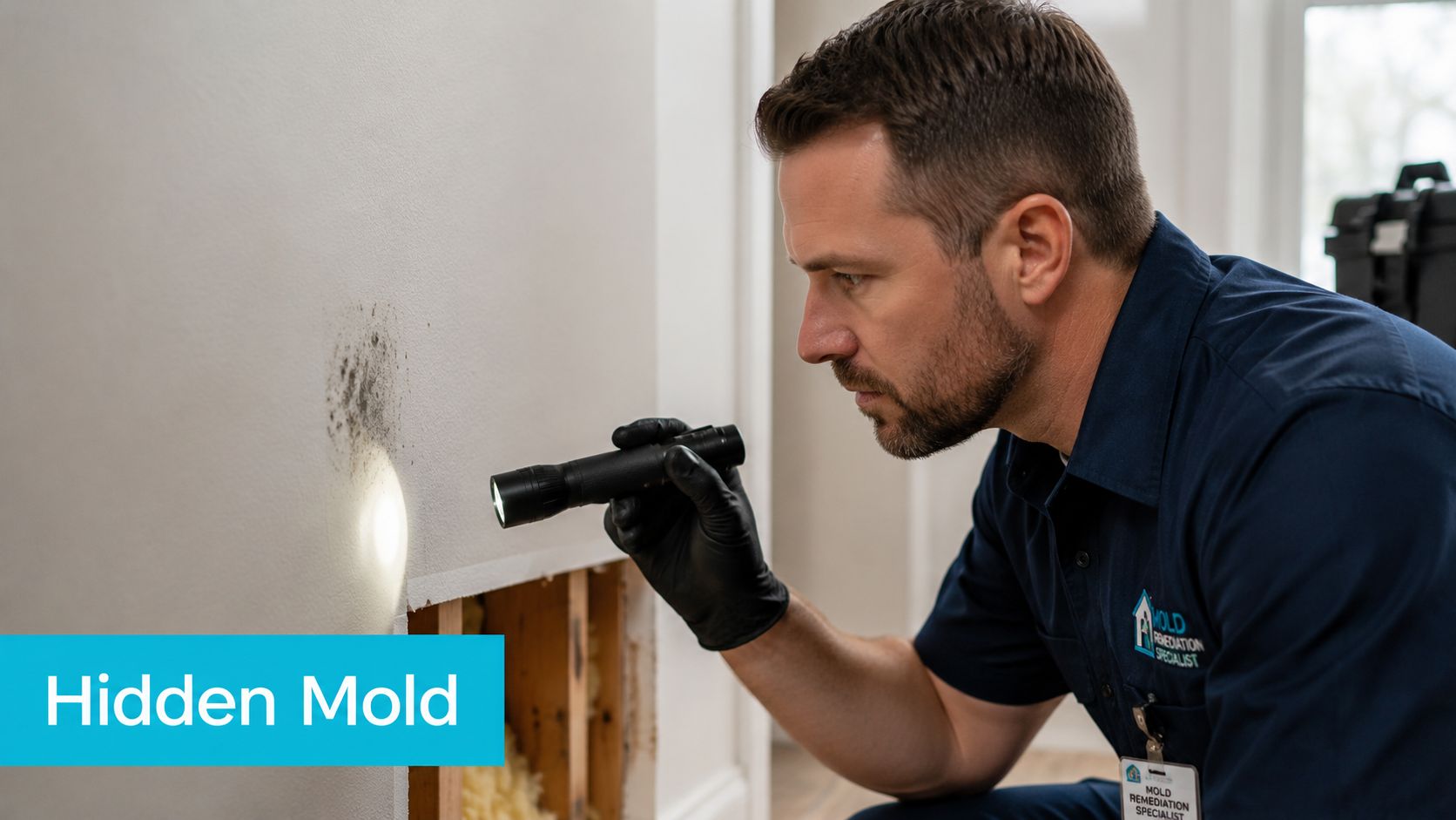 A professional mold remediation specialist inspecting a patch of mold on a wall with a flashlight.