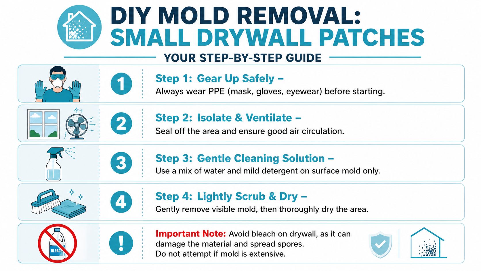 An infographic detailing a four-step guide for safely removing small patches of mold from drywall at home.