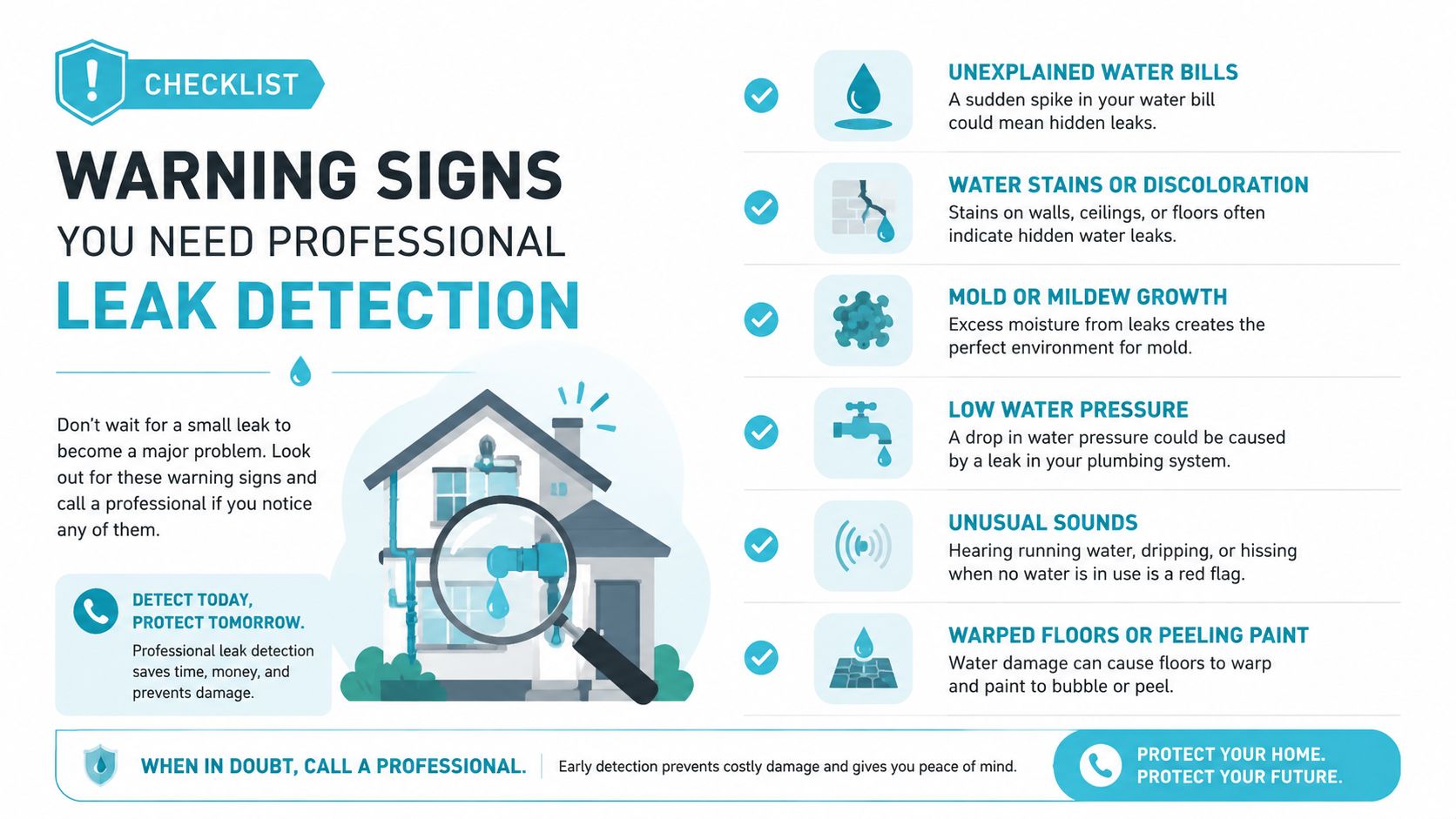 A checklist infographic illustrating common warning signs that indicate a home requires professional water leak detection services.