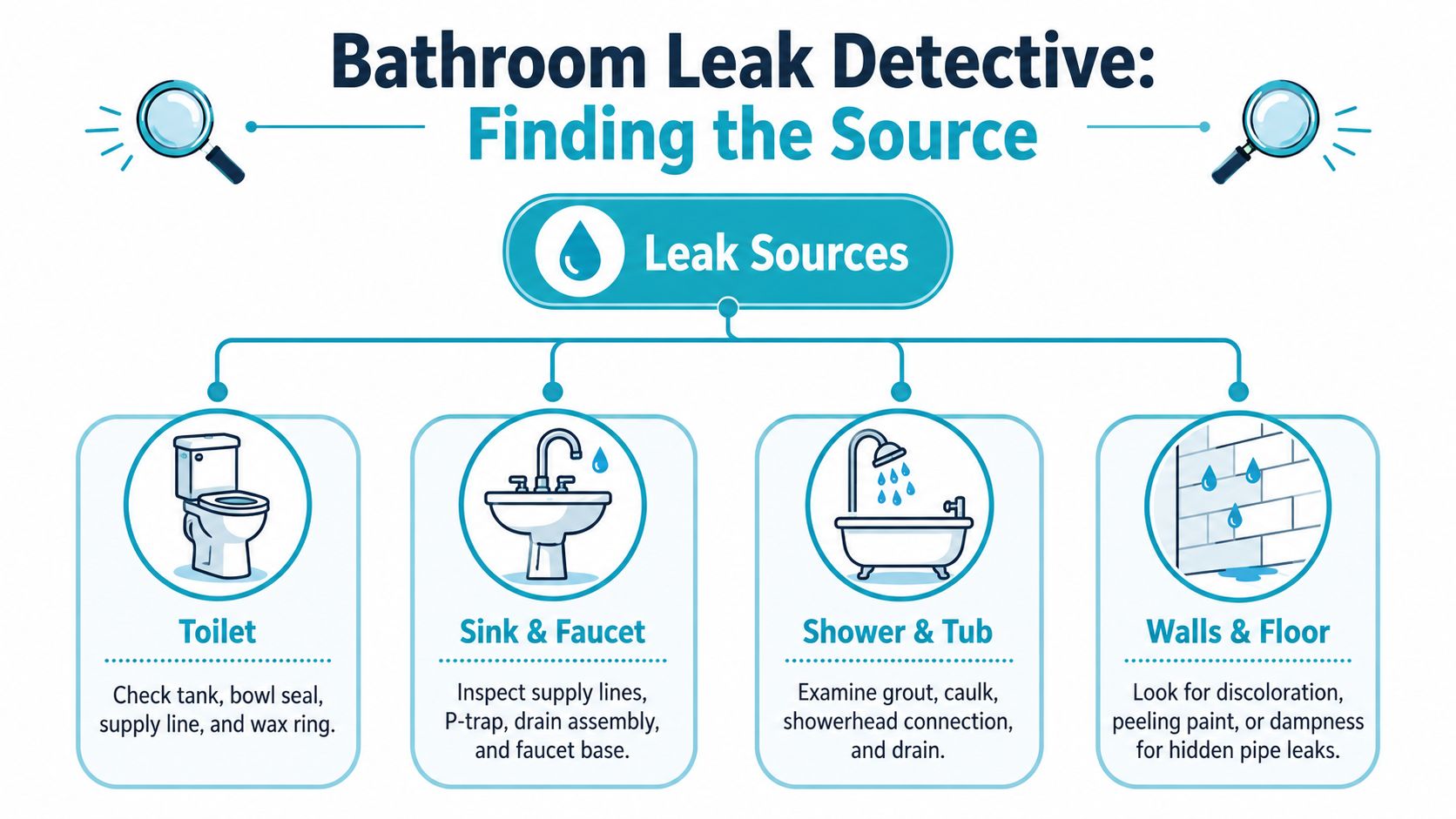 An infographic showing four common bathroom leak sources: toilet, sink and faucet, shower and tub, and walls.