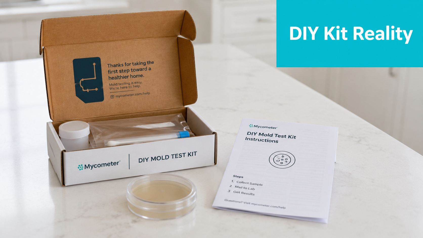 A Mycometer DIY mold test kit with instructions, petri dish, and collection supplies displayed on a table.