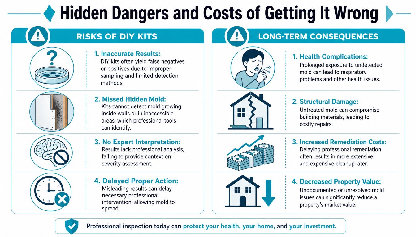 An infographic detailing the risks of using DIY mold test kits compared to professional mold inspections.