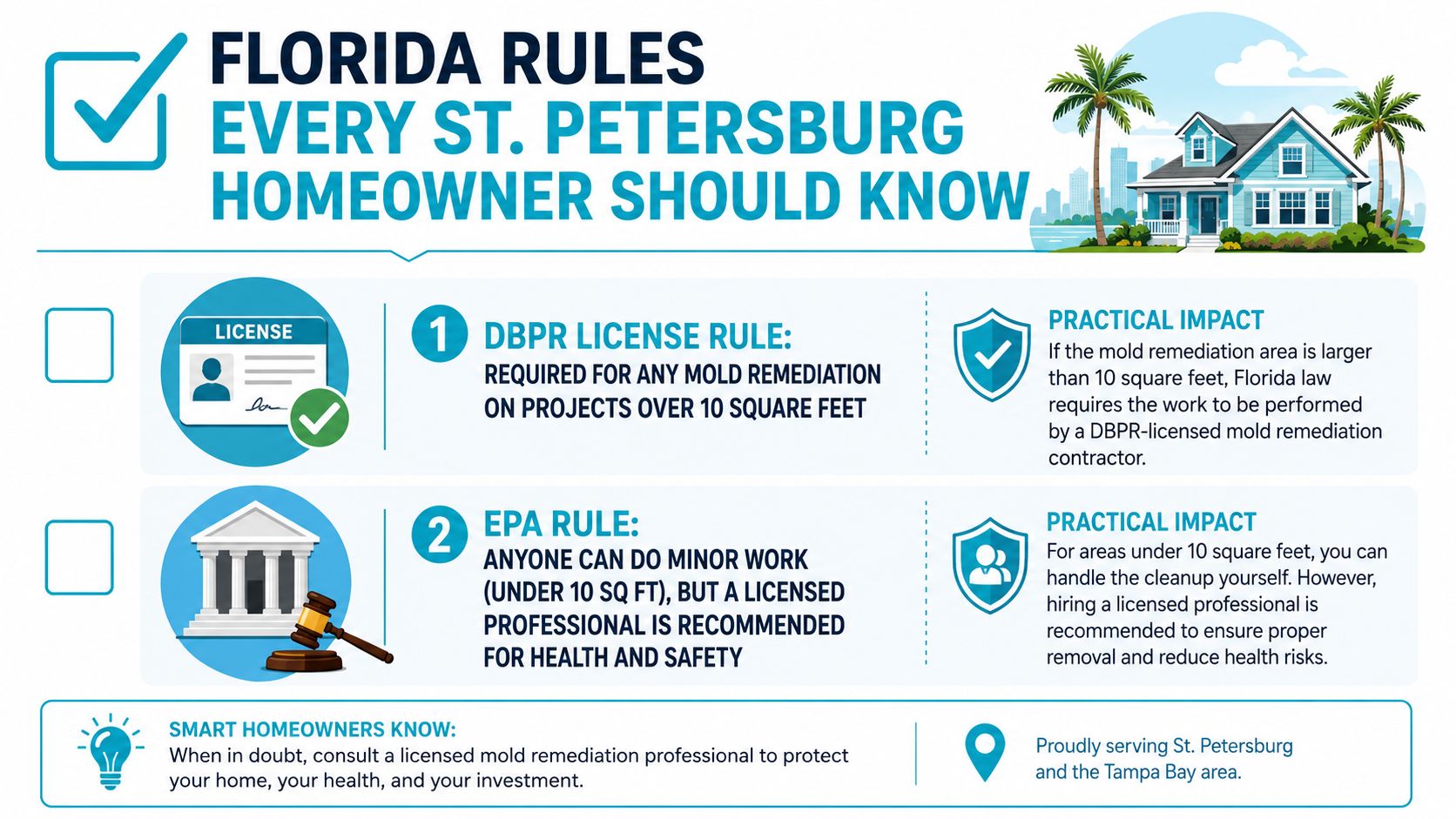 An infographic explaining Florida mold removal rules for St. Petersburg homeowners regarding license requirements and safety.