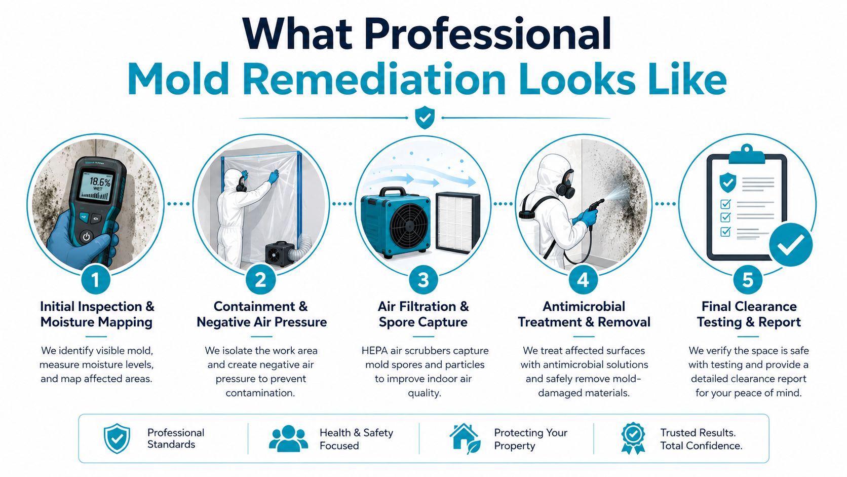 An infographic illustrating the five professional steps of mold remediation from initial inspection to final clearance.