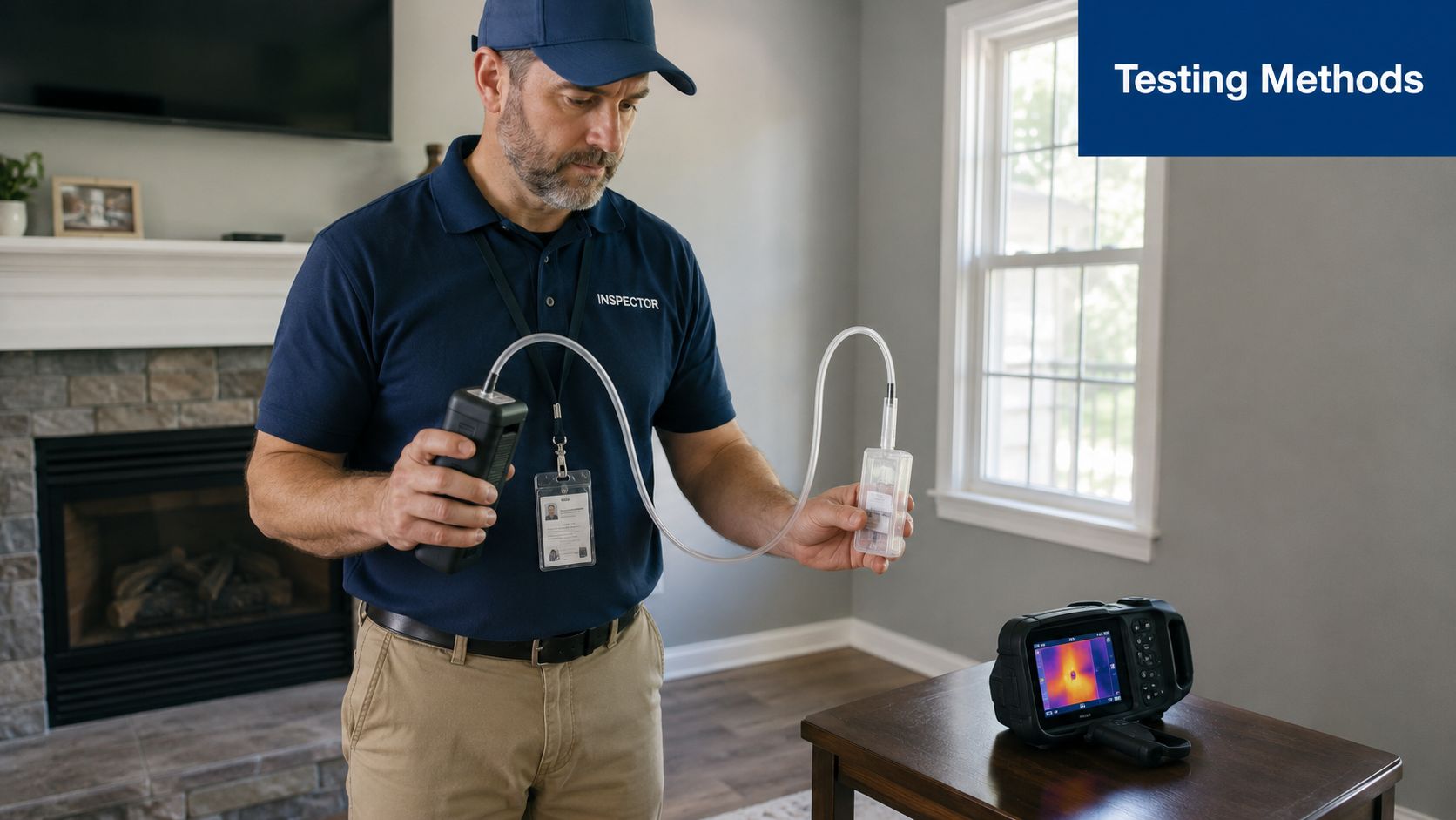 A professional inspector in a blue polo shirt using specialized air quality testing equipment indoors.