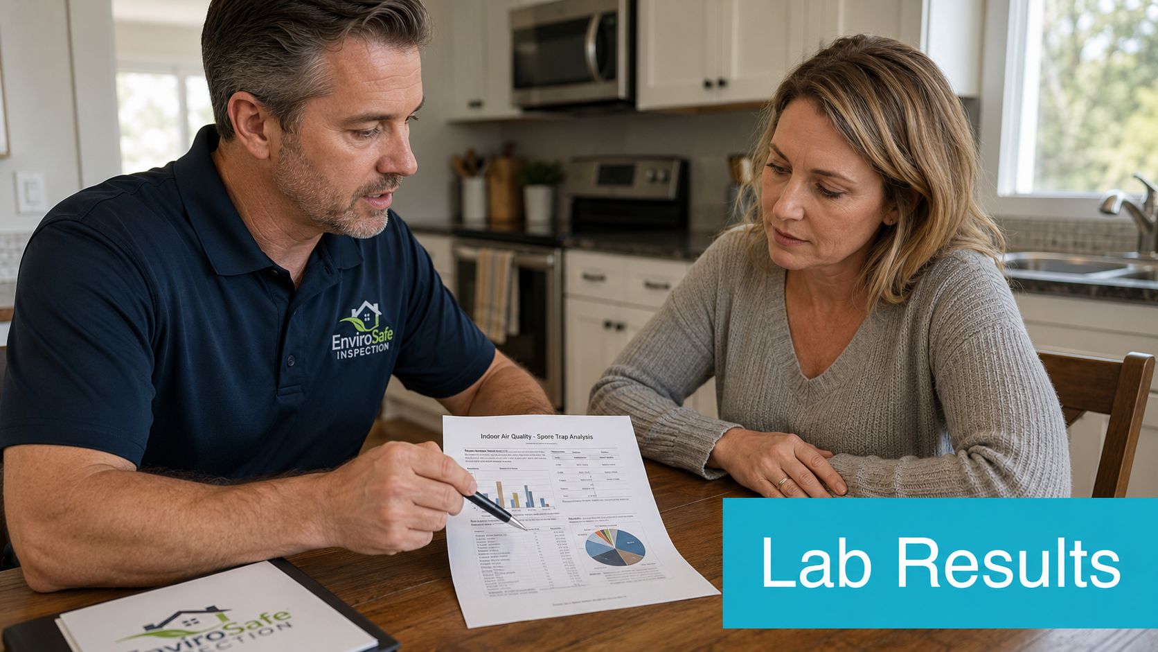 An EnviroSafe professional explains indoor air quality spore trap analysis lab results to a female homeowner.