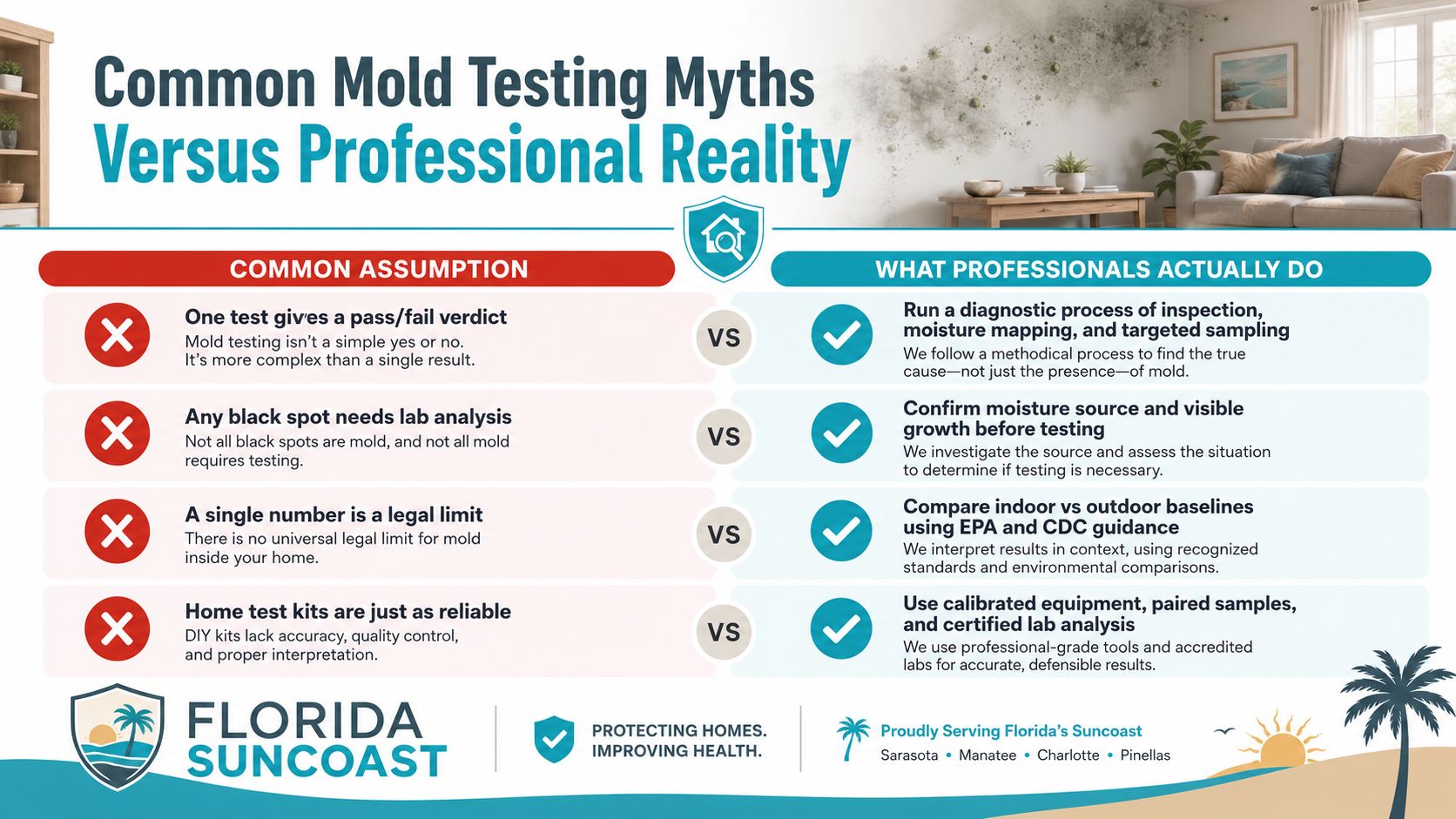 A comparison infographic showing common myths versus professional realities regarding home mold testing services in Florida.