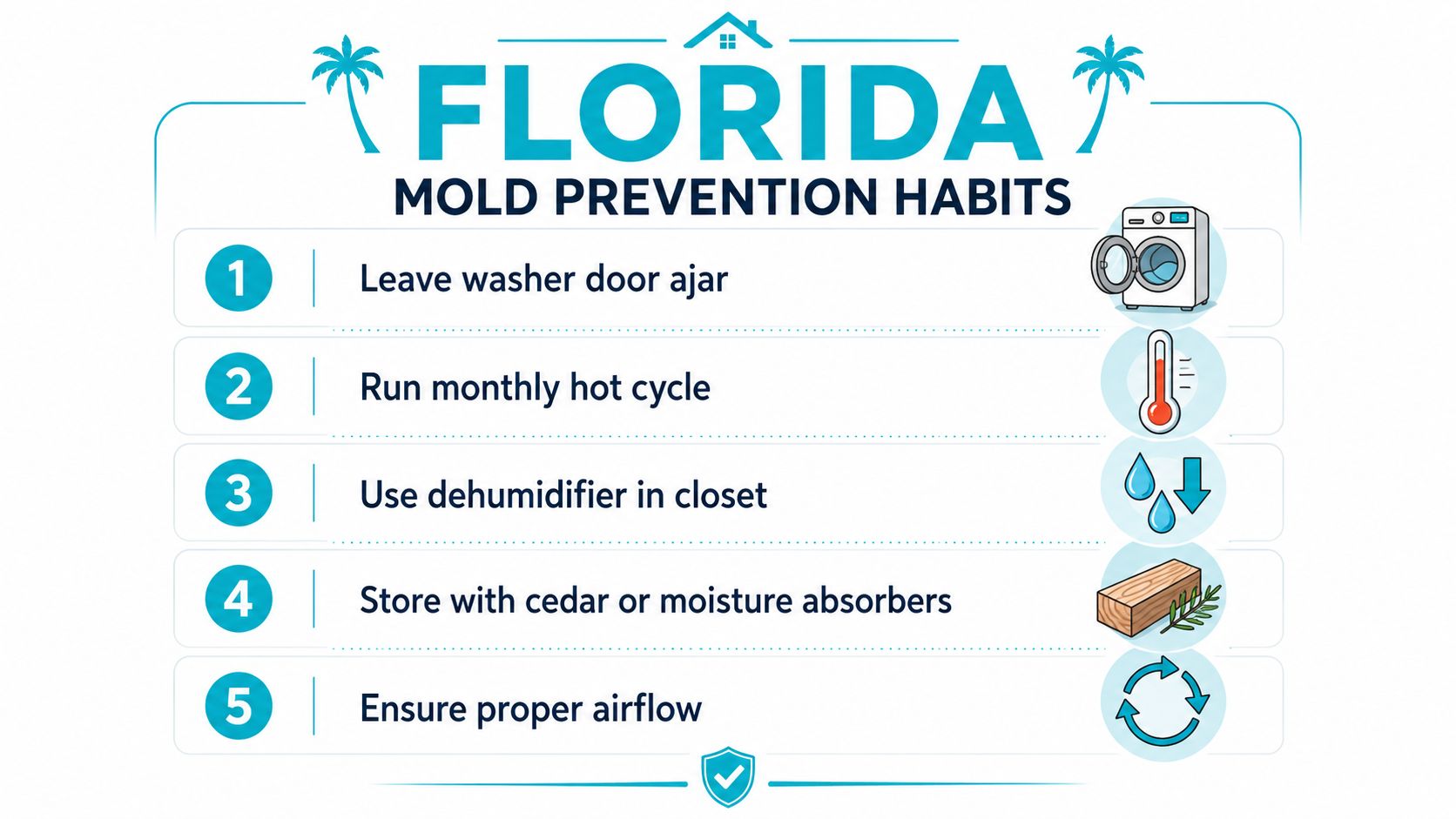 A five-point infographic detailing essential household habits to prevent mold growth in Florida homes.
