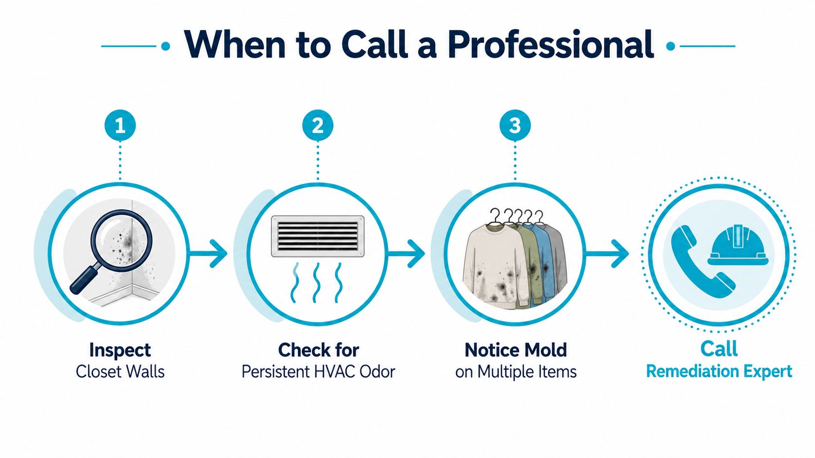 An infographic showing three steps to identify mold before calling a professional remediation expert for help.
