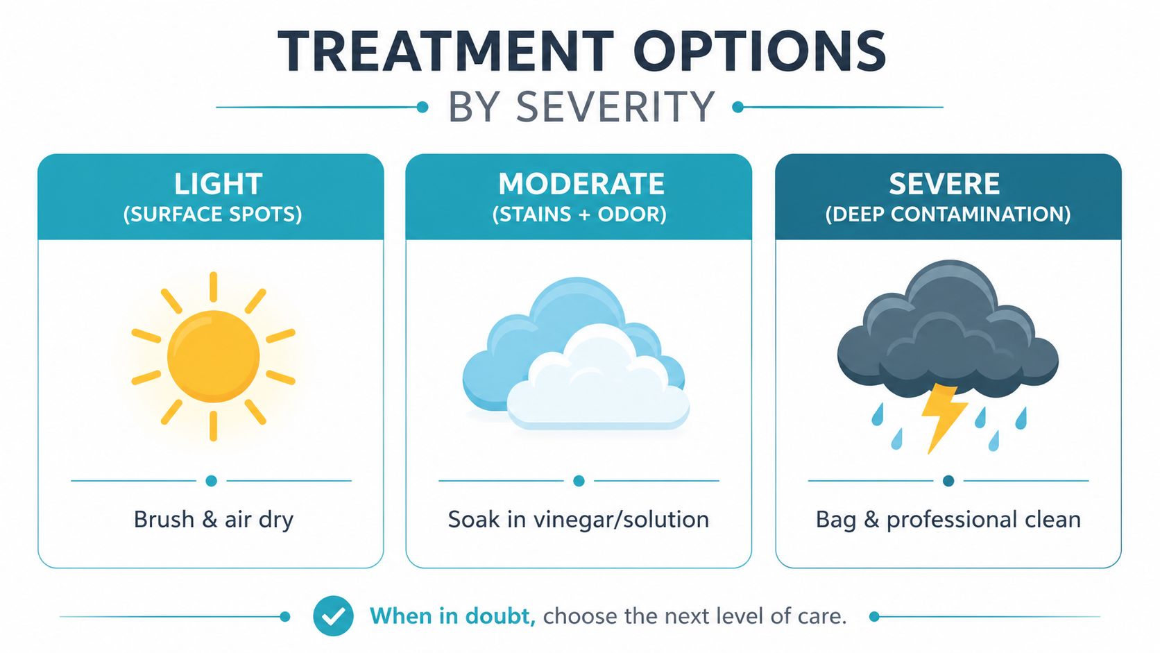 A chart showing three levels of treatment options for removing mold from clothing based on severity.