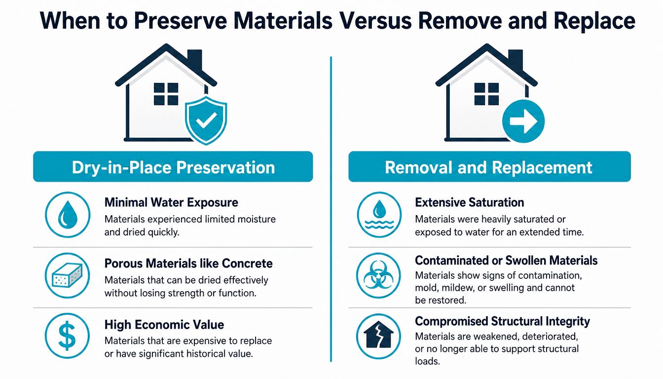 An infographic showing when to preserve building materials versus when to remove and replace them after water damage.