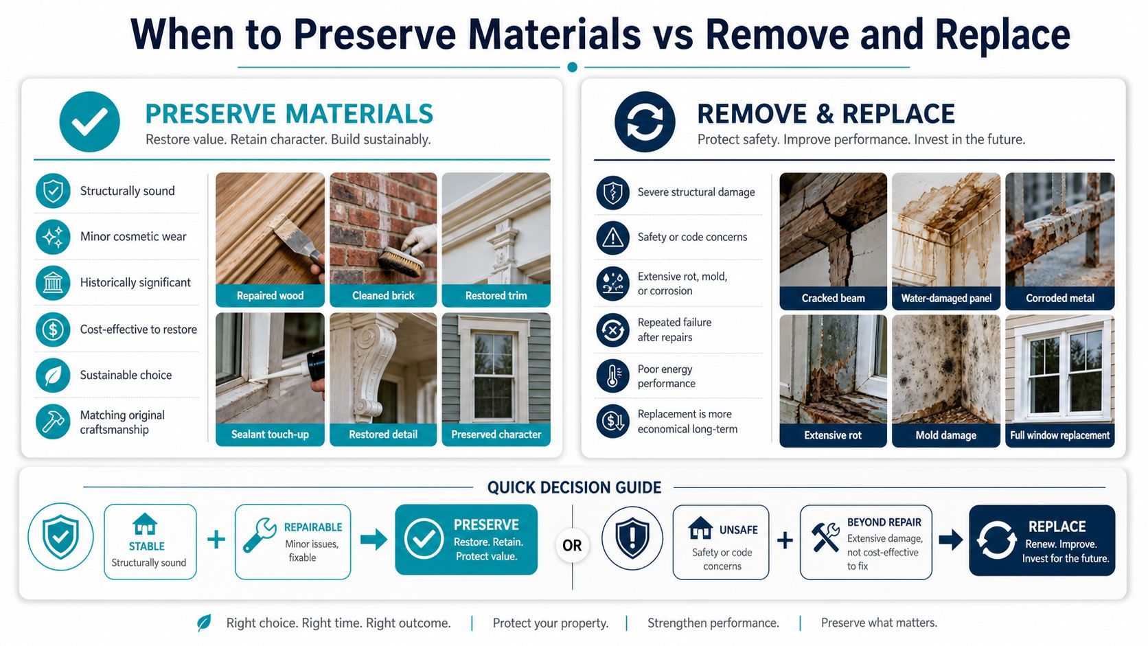 A decision guide infographic helping homeowners choose between preserving original building materials or removing and replacing them.