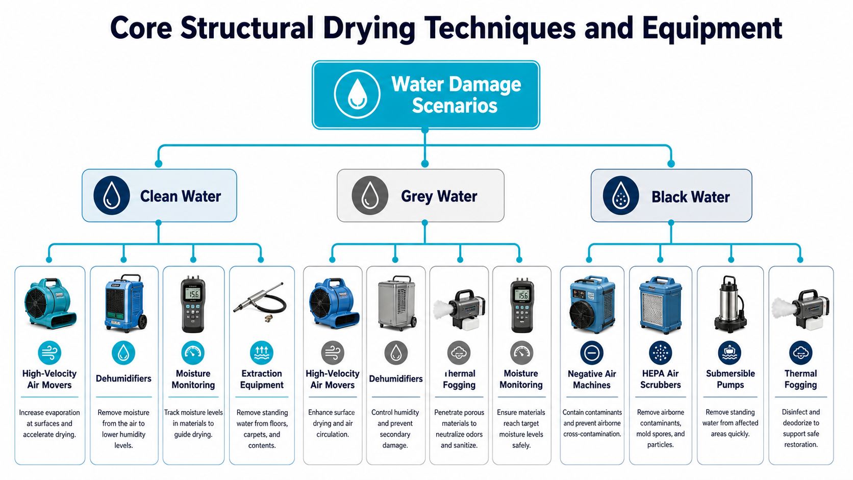A diagram illustrating water damage scenarios categorized by clean, grey, and black water with recommended drying equipment.